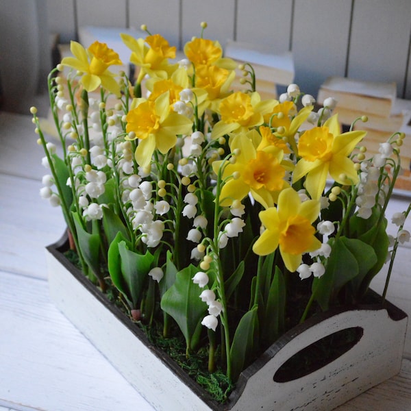 spring composition of daffodils and lilies of the valley, floral polymer clay (cold porcelain)