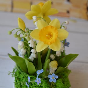 Peut inclure: Un petit pot en céramique blanc rempli d'un arrangement floral de jonquilles jaunes, de muguet blanc et de myosotis bleus.