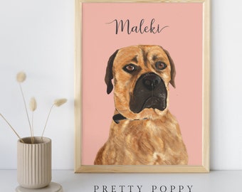 May include: A digital illustration of a brown and black dog with the name "Maleki" written in cursive above the dog. The background is a light pink color. The image is framed with a light wood frame.