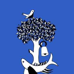 May include: A quirky illustration on a blue backdrop. A white tree with black and white leaves has a bell suspended from it. A white bird with black accents perches on the tree. A white fish with black accents is beneath the tree.