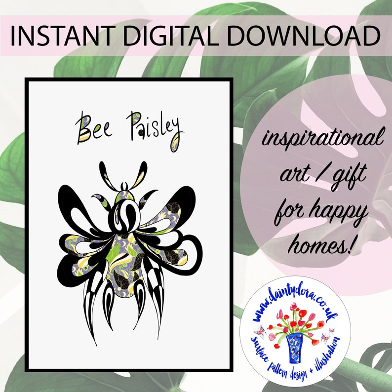 BEE PAISLEY Instant Digital Download bee lover bee pattern wall art art print home gift busy bee JPEG image 1