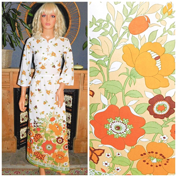 Vintage 70s White Orange PSYCHEDELIC FLOWER POWER Print Midi Maxi Dress 10 S 1970s