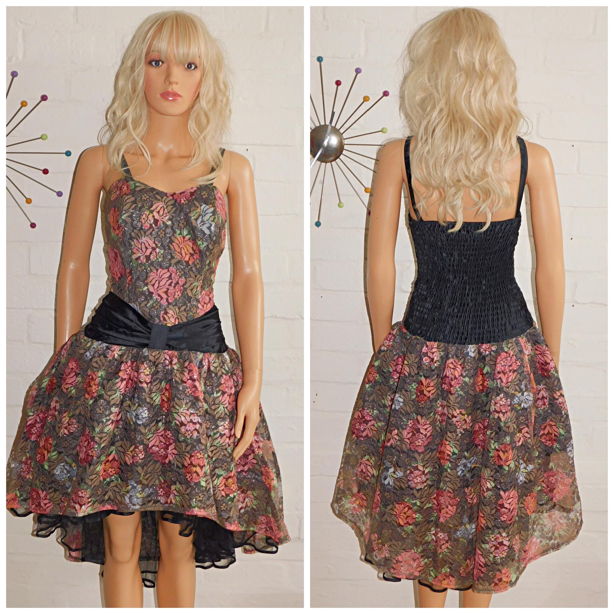 Vintage 80s Multicoloured FLORAL LACE BOW Front Prom Party Dress