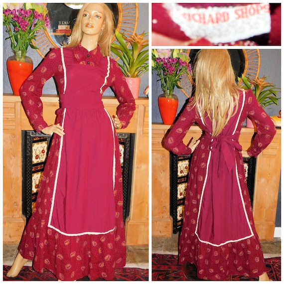 Vintage 70s BOHEMIAN Burgundy FLORAL Contrast TIERED Prairie Maxi Dress 10 S 1970s Boho Hippy Richard Shops