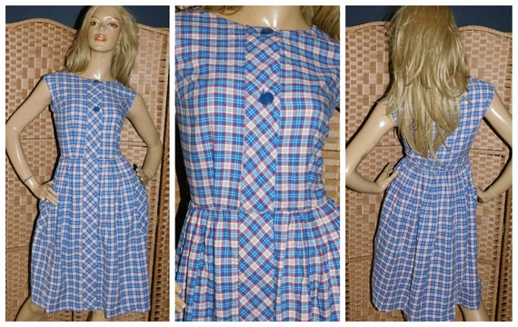 Vintage 1930s Red White Blue CHECK COTTON PINNAFOR