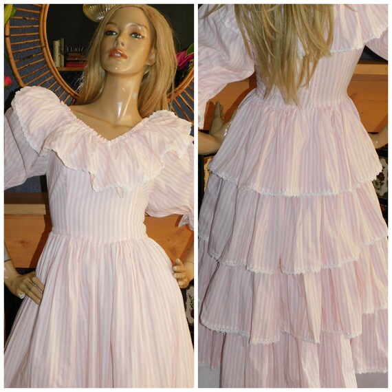 Vintage 70s Pastel Pink STRIPED FANTASY Princess Prom Party Dress 8-10 S 1970s 1980s My Fair Lady Little Bo Peep