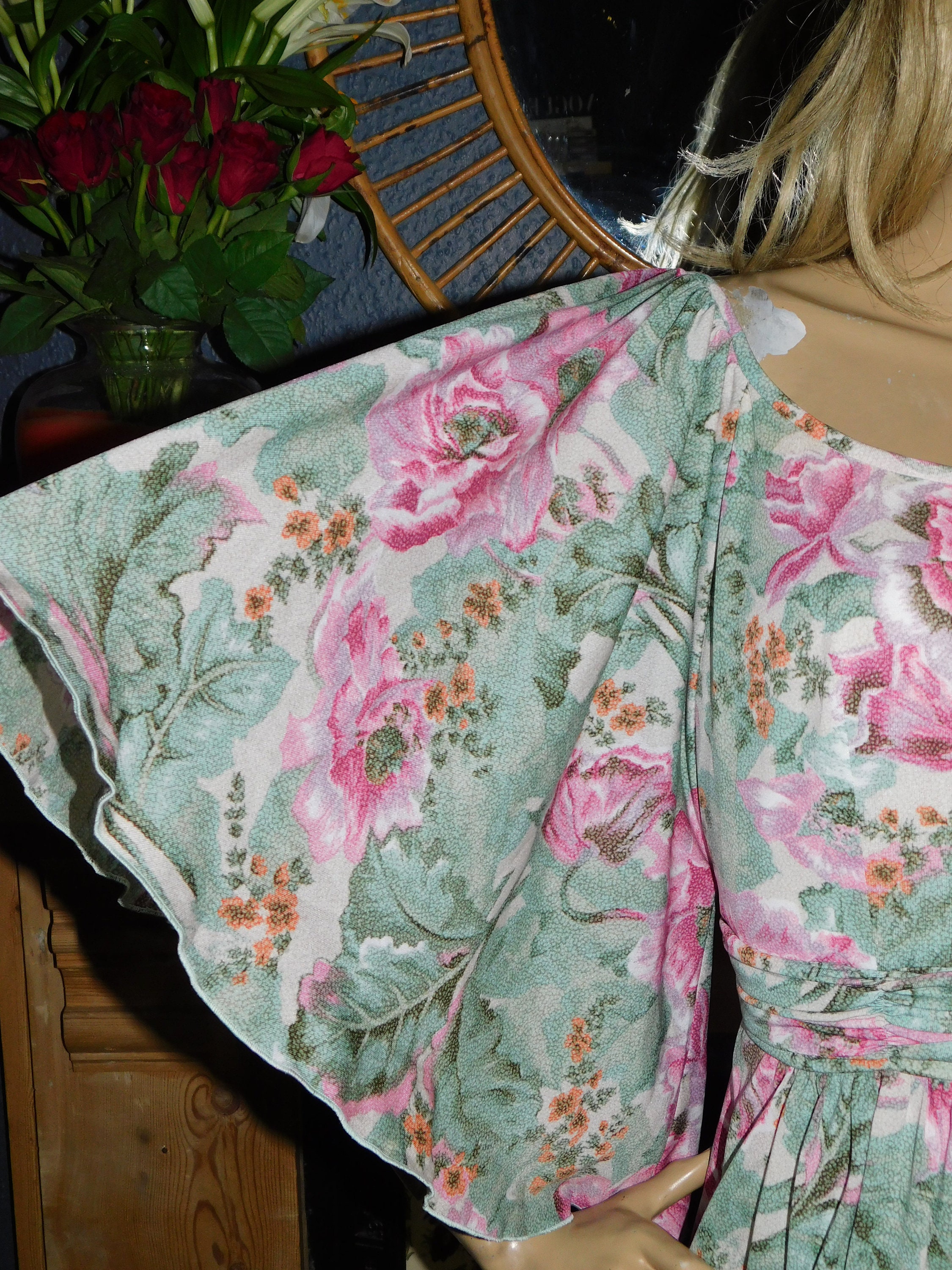 Vintage 70s Green Pink FLORAL Print ANGEL Wing Slvd Maxi Dress 10-12 S ...