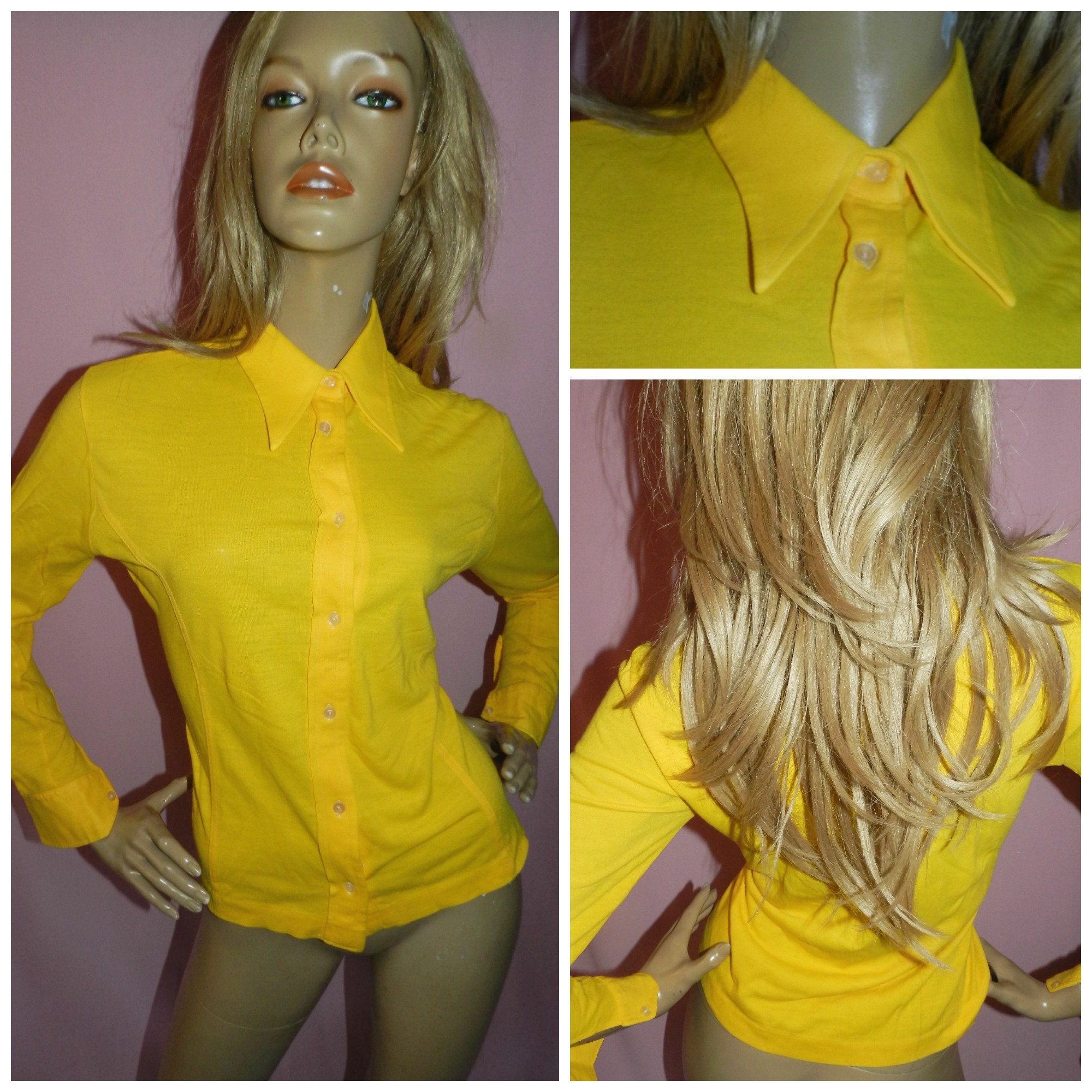 Vintage 70s Bright Sunshine yellow DAGGER collar shirt blouse 14-16 L ...