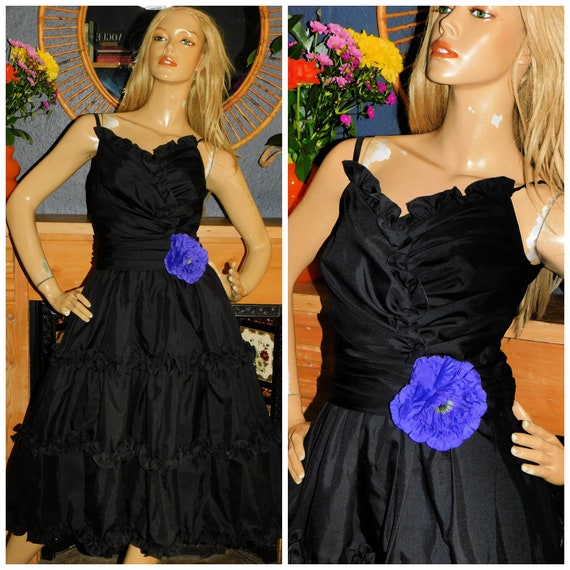 Vintage 80s Black Purple RUFFLE TIERED Prom Party Dress 8 S Xs 1980s Cocktail