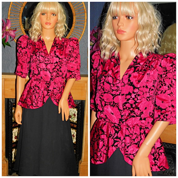 Vintage 80s BUBBLEGUM Pink Black PEPLUM PUFF Slvd Cocktail Party Dress 10-12 S M 1980s Kitsch Prom