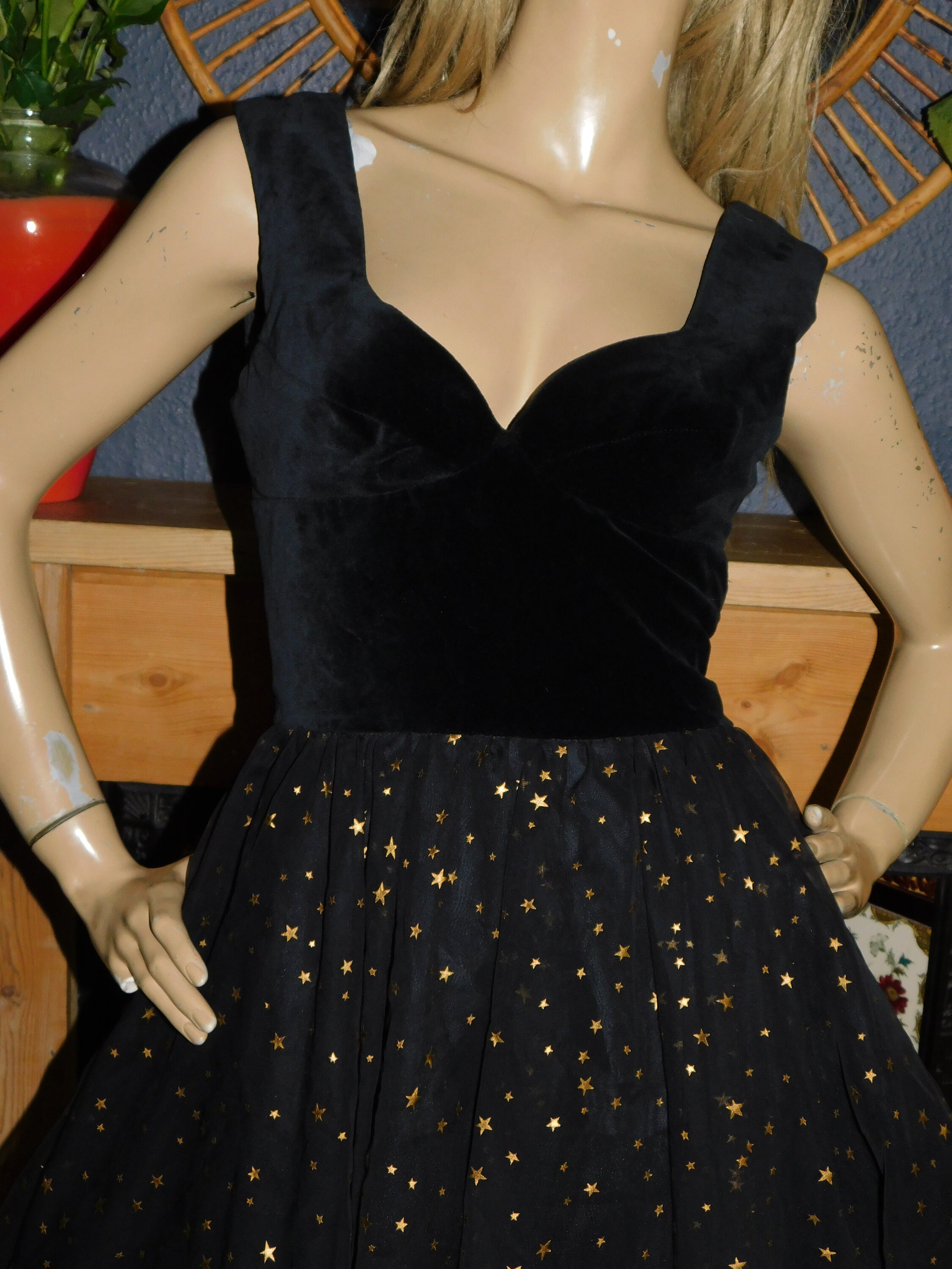 Vintage 80s Black Velvet Gold METALLIC STAR Print Mini PROM Party Dress ...