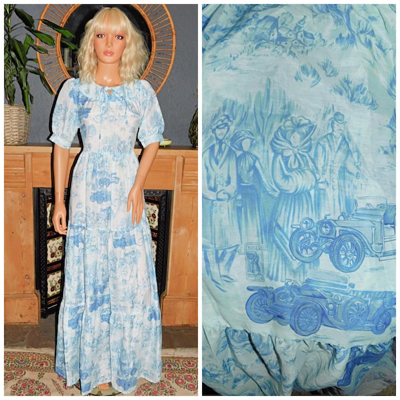 Vintage 70s Blue TIERED NOVELTY Rolls Royce CAR Print Maxi Dress 8 10 S 1970s Kitsch Boho Art Deco People