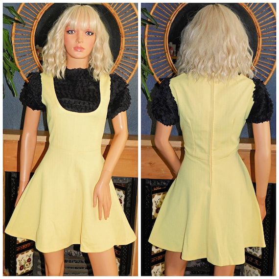 Vintage 60s Yellow Black Ruffled MINI Mod Scooter Dress 12 M 1960s Dolly Modette