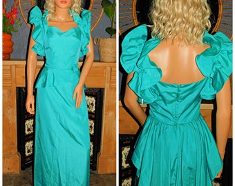 Vintage 80s Turquoise Origami PRINCESS BUSTLE Back Prom Party Dress 8 S 1980s Halloween Bridesmaid Green Blue Kitsch Extreme
