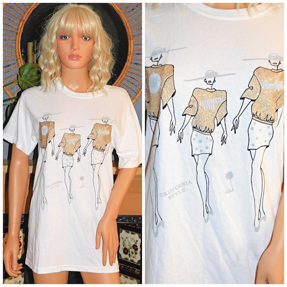 Vintage 80s Soft White CALIFORNIAN LADY T Shirt S M 1980s Kitsch Applique