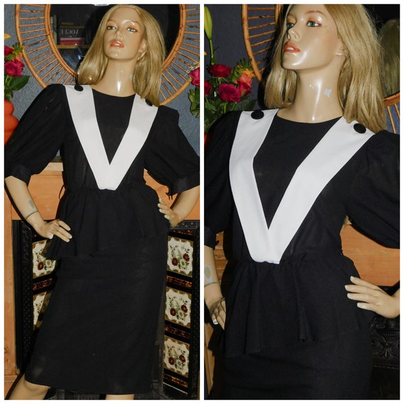 Vintage 80s Black White CONTRAST PEPLUM Cocktail Dress 8 S Xs 1980s Kitsch Halloween Nu Wave Tuxedo