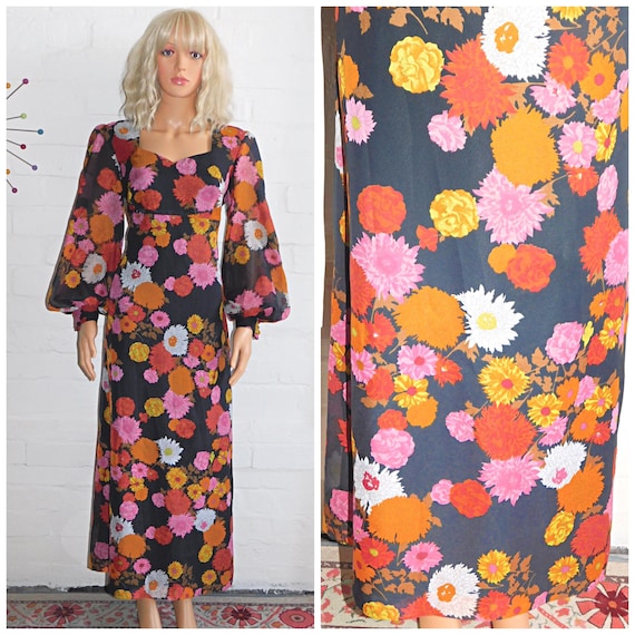 Vintage 70s Bold Multicoloured FLOWER POWER Print Margo Midi Maxi Dress 12 14 M 1970s BALLOON Sleeves