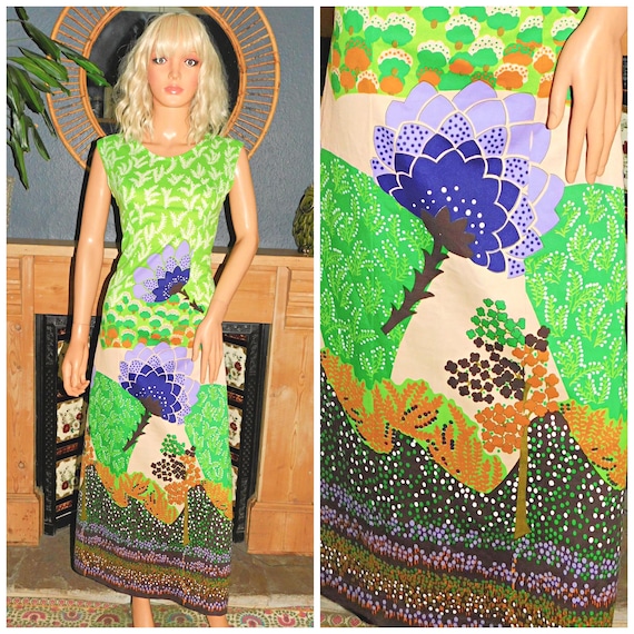 Vintage 70s Green Purple KITSCH Graphic NOVELTY TREE Print Midi Maxi Dress 10 12 S M 1970s Kitsch Psychedelic