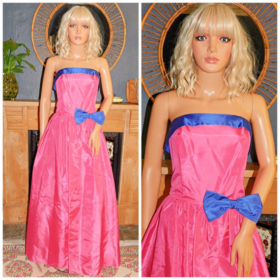 Vintage 80s BUBBLEGUM Pink Blue STRAPLESS BOW Prom Party Dress 10 S 1980s Kitsch Princess