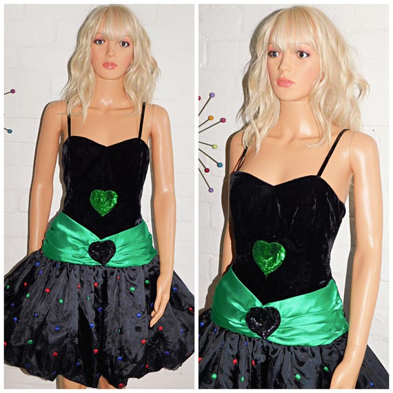 Vintage 80s Black SPOTTY Drop Waist BUBBLE Hem Prom Party Dress 10 12 S M Puffball 1980s Kitsch