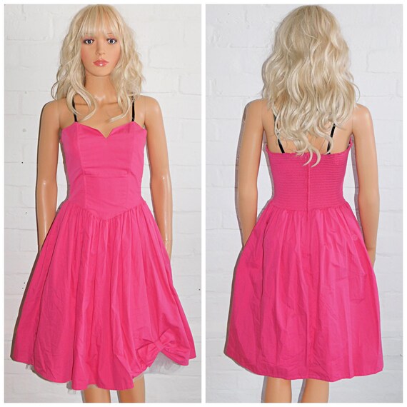 Vintage 80s BUBBLEGUM Pink COTTON Hitched BOW Prom Party Dress 8 S Xs 1980s Kitsch