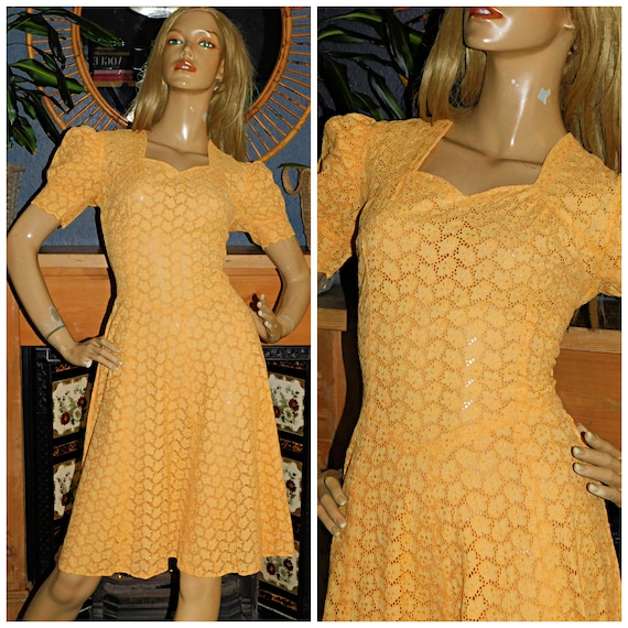 Vintage 50s Butter YELLOW SHEER BRODERIE Anglaise Tea Dress 10 S 1950s Mid Century