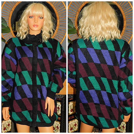 Vintage 80s Purple Green CHEQUERED Chunky OVERSIZED COCOON Cardigan M 1980s Pockets Padded