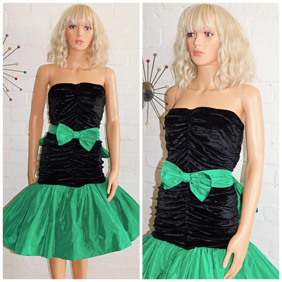 Vintage 80s Black Green Strapless BOW Prom Party Dress 6 8 Xs 1980s Kitsch