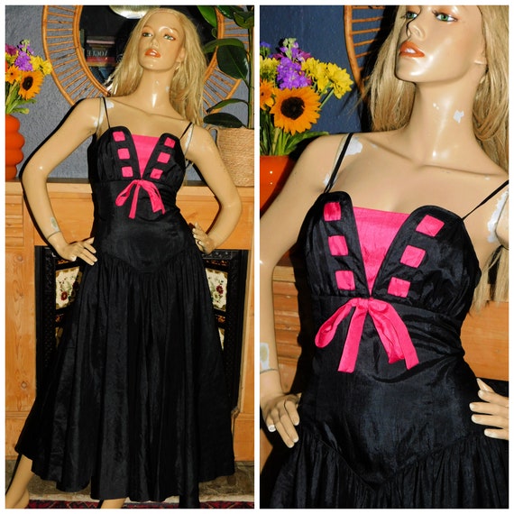 Vintage 80s Black Neon PINK BOW Wing Bust Prom Party Dress 8 S 1980s Evening Cocktail