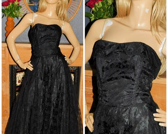 Vintage 80s 50s Revival BLACK LACE Strapless Prom Party dress 10 S 1980s Cocktail Full Swing skirt Rockabilly Halloween