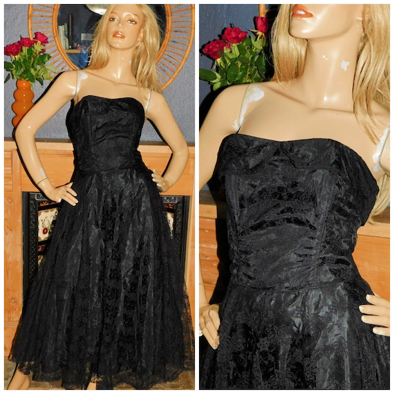 Vintage 80s 50s Revival BLACK LACE Strapless Prom Party dress 8 S 1980s Cocktail Full Swing skirt Rockabilly