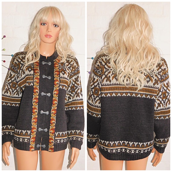 Vintage 70s NORDIC PURE WOOL Metal Clasp Brown Patterned Cardigan S M 1970s Christmas Scandinavian Norwegian Winter