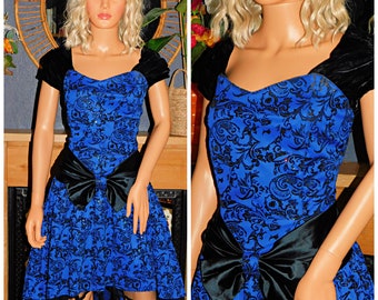 Vintage 80s Blue Black GLITTER BOW Prom Party Dress 10 12 S M Kitsch Asymetric