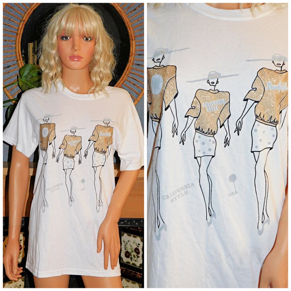 Vintage 80s Soft White CALIFORNIAN LADY T Shirt S M 1980s Kitsch Applique