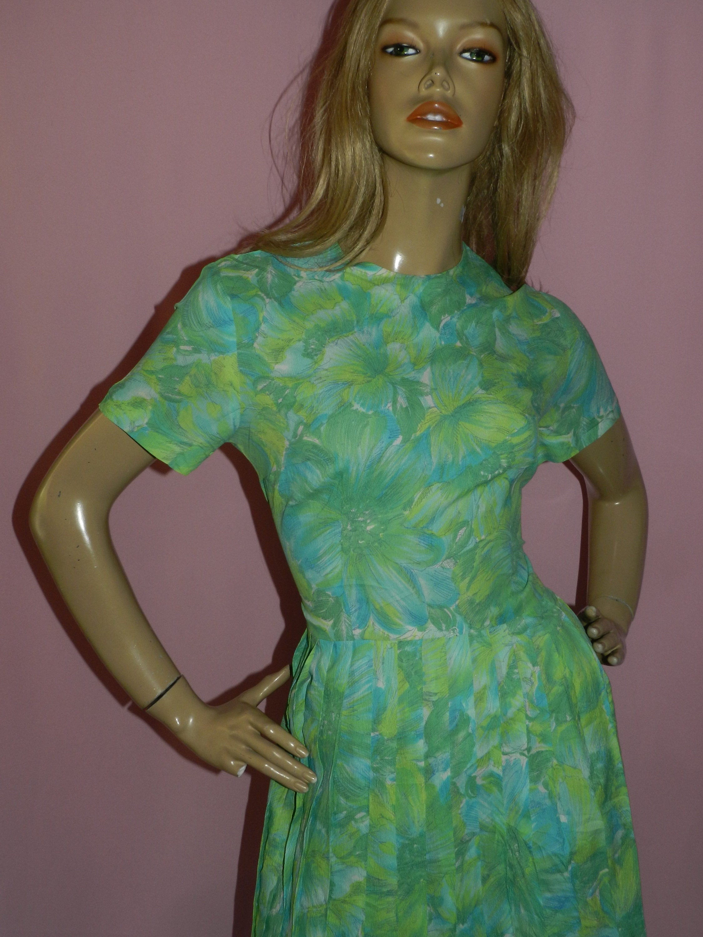 Vintage 50s Green Blue Abstract FLORAL Print Summer Tea Dress 12 M ...