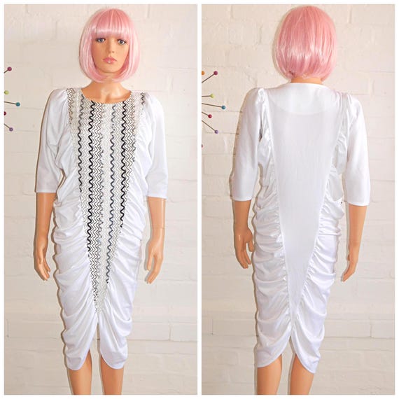 Vintage 80s AVANT GARDE White Silver Sequin Ruched BATWING Cocktail Party Dress 6 8 Xs 1980s Trashy Cocoon Kitsch Fancy Prom