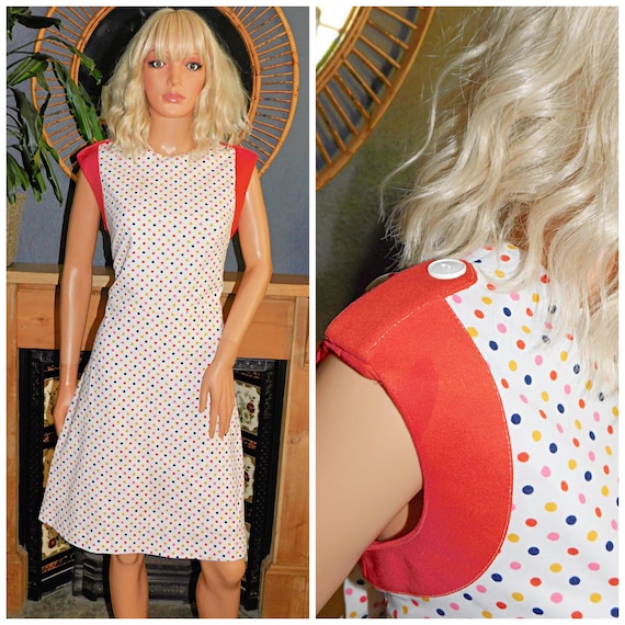 Vintage 70s Kitsch Multicoloured POLKA DOT Day Dress 16 L 1970s