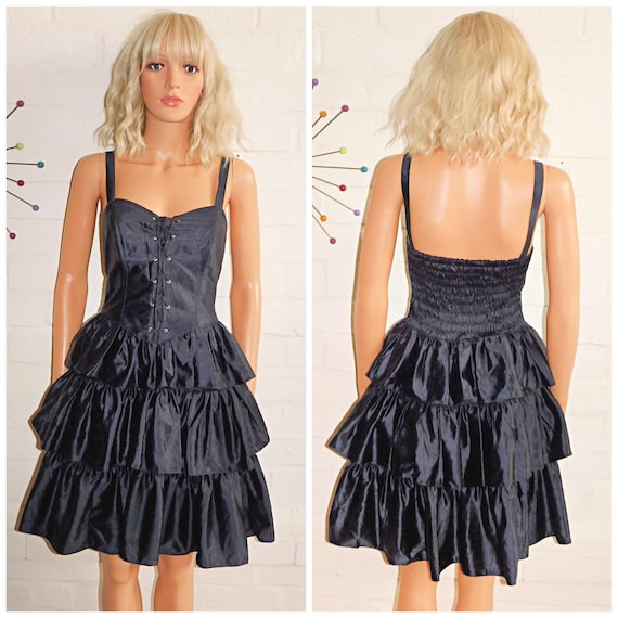 Vintage 80s Black Wet Look CORSET Mini RARA Prom Party Dress 8-10 S 1980s Ballerina Gothic Detatchable Straps