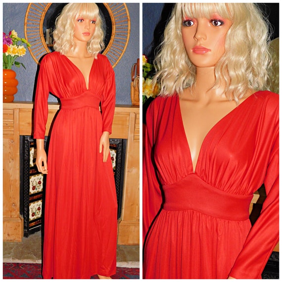 Vintage 70s LIPSTICK Red PLUNGING Deep V Maxi Evening Dress 10 S 1970s Disco