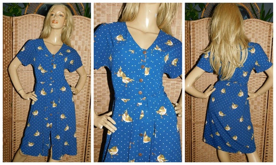 Vintage 90s does 70s Navy DOTTY BIRD Print Tea Dre