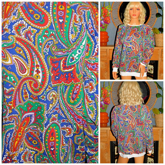 Vintage 80s Multicoloured PAISLEY Print Sweatshirt T Shirt M L 1980s 1990s