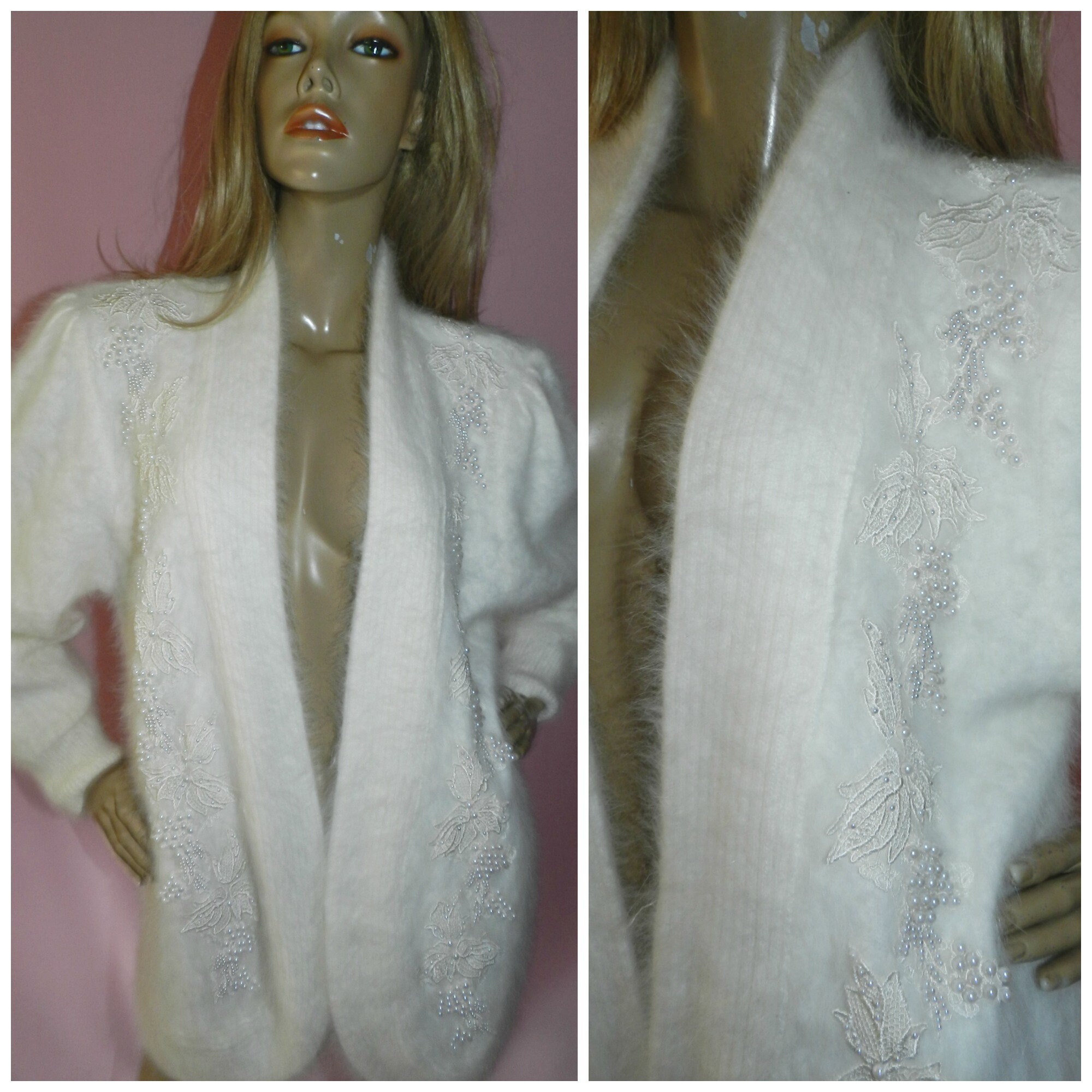 Vintage 80s CREAM FLUFFY ANGORA Oversized Applique Beaded Vintage 80s CREAM FLUFFY ANGORA Oversized Applique Beaded