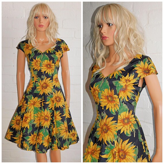 Vintage 80s 90s Bold Black Yellow SUNFLOWER Print Day Dress 12 M 1980s 1990s