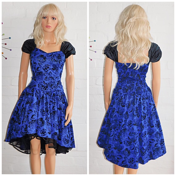 Vintage 80s Blue Black GLITTER Prom Party Dress 8 10 S Kitsch Dipped Hem