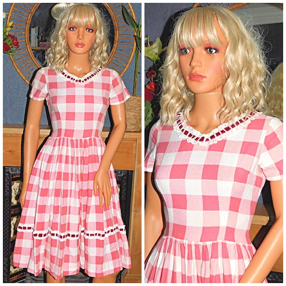 Vintage 50s Pink White GINGHAM CHECK Broderie Trim TEA Dress 8 S 1950s Mid Century Kitsch