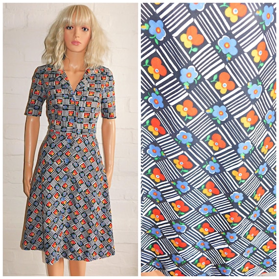Vintage 60s Multicoloured GEOMETRIC FLORAL Print BUTTON Down Day Dress 10 12 S M 1960s