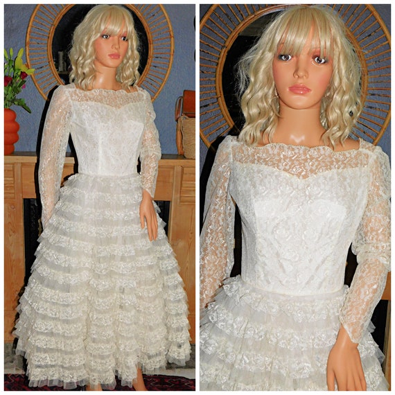 Vintage 1950s Union Made Cream Lace TULLE CUPCAKE WEDDING Dress 8 10 S Mid Century Bride Bridal