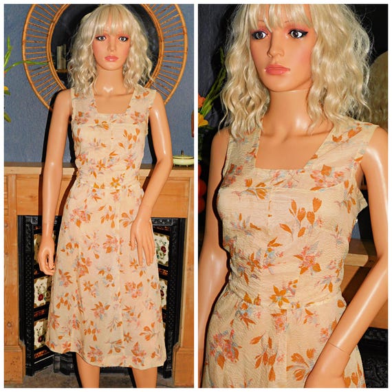 Vintage 50s Semi SHEER Tan Grey AUTUMN Leaf Floral Print TEA Dress 10-12 S M 1950s Mid Century