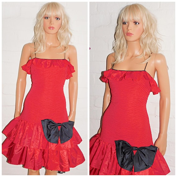 Vintage 80s TRASHY Red Black BOW Drop Waist RaRa Prom Party Dress 10 12 S M 1980s