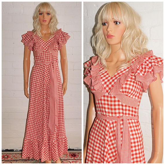 Vintage 70s Red White GINGHAM BOHEMIAN PRAIRIE Maxi Dress 6 8 Xs 1970s Folk Boho Hippy Hippie Woodstock